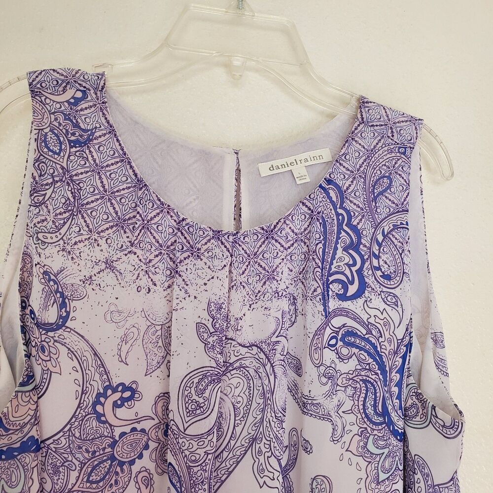 Daniel Rainn Top Sleeveless Pullover Blouse L White Purple Sheer Lined Paisley - Picture 2 of 14